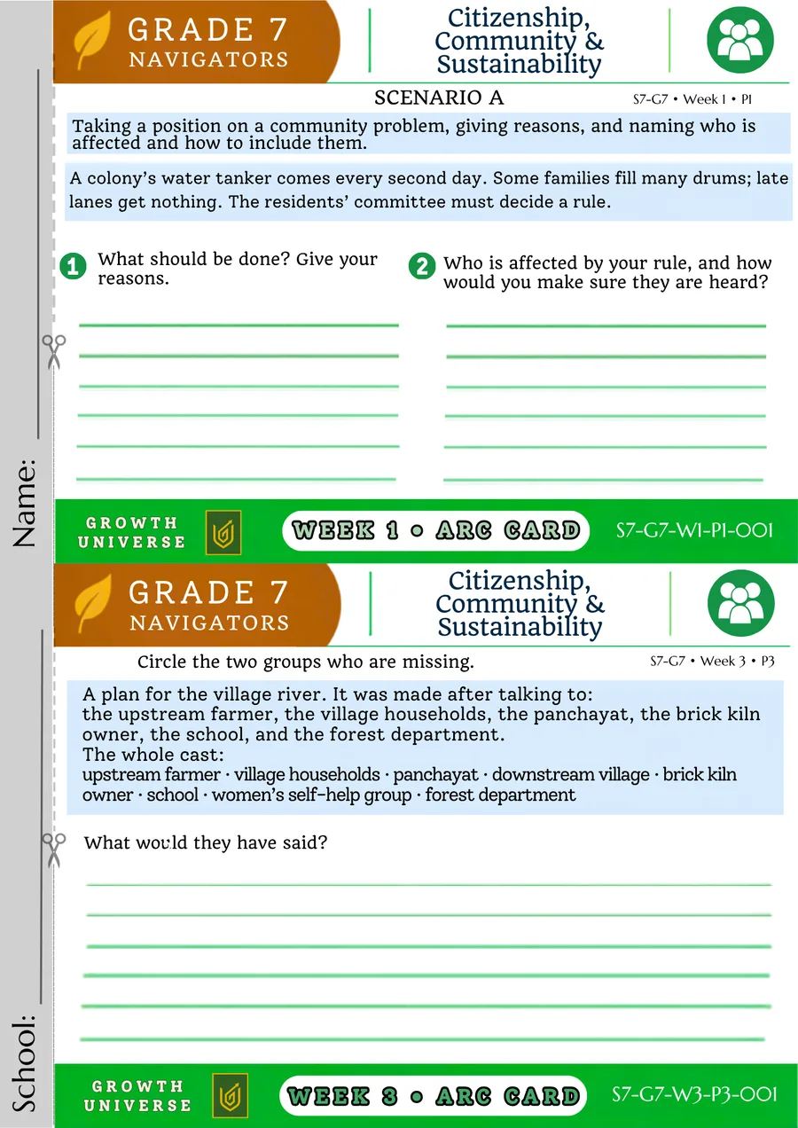 A Grade 7 Arc Card: a scenario with space for the student to give a position and reasons