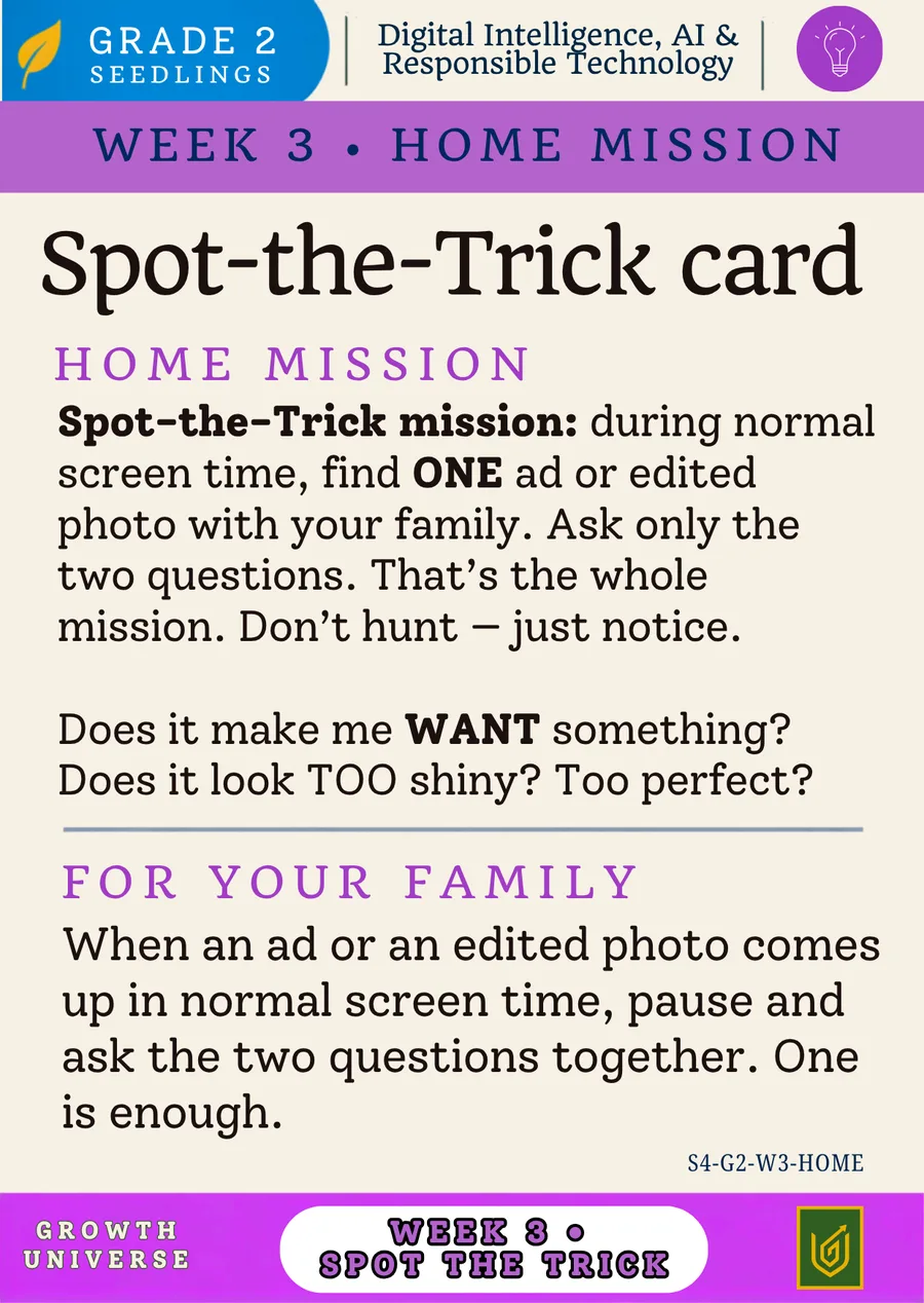 A Grade 2 Home Mission: the Spot-the-Trick card