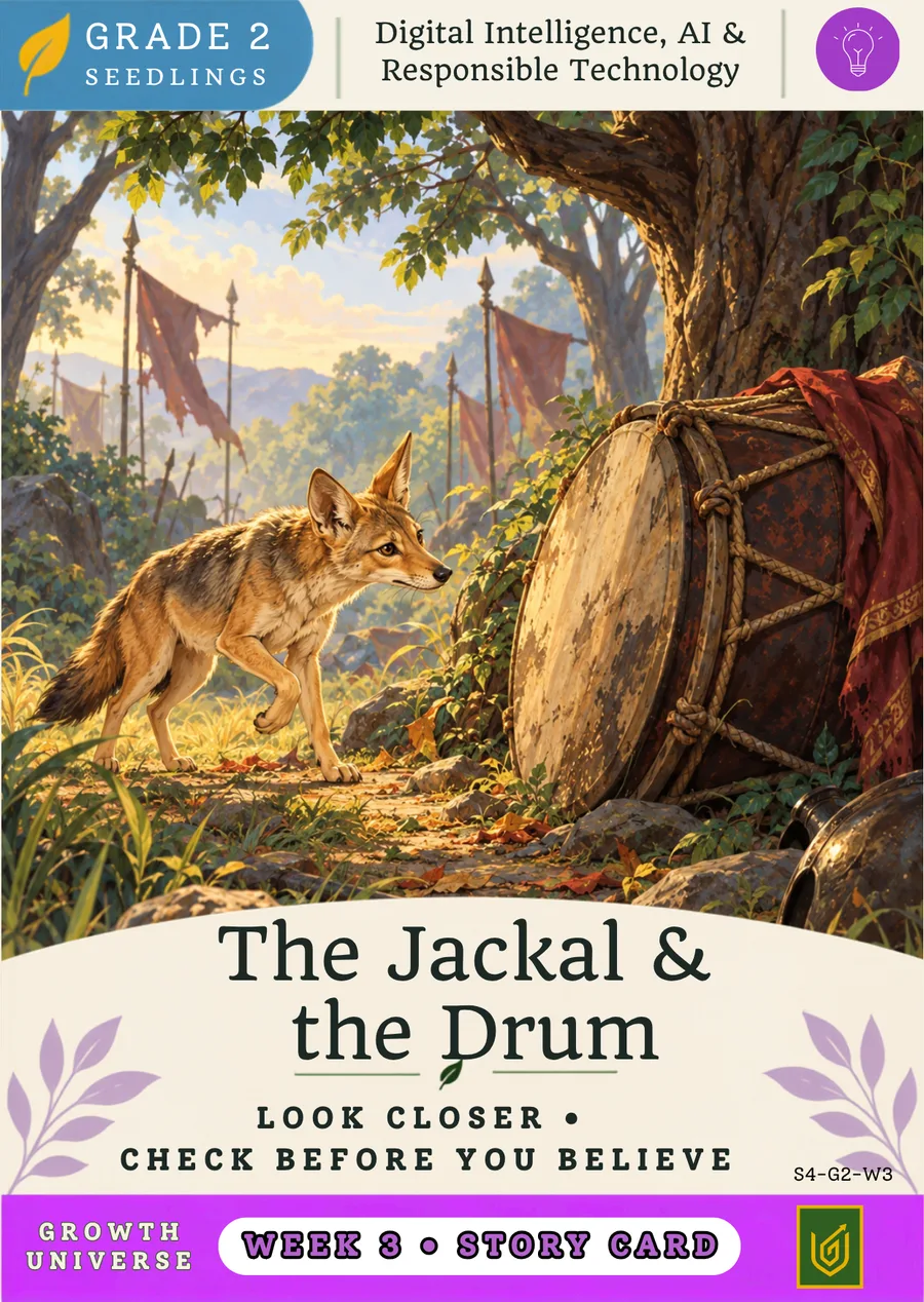 A Grade 2 Story Card: The Jackal and the Drum. Look closer, check before you believe
