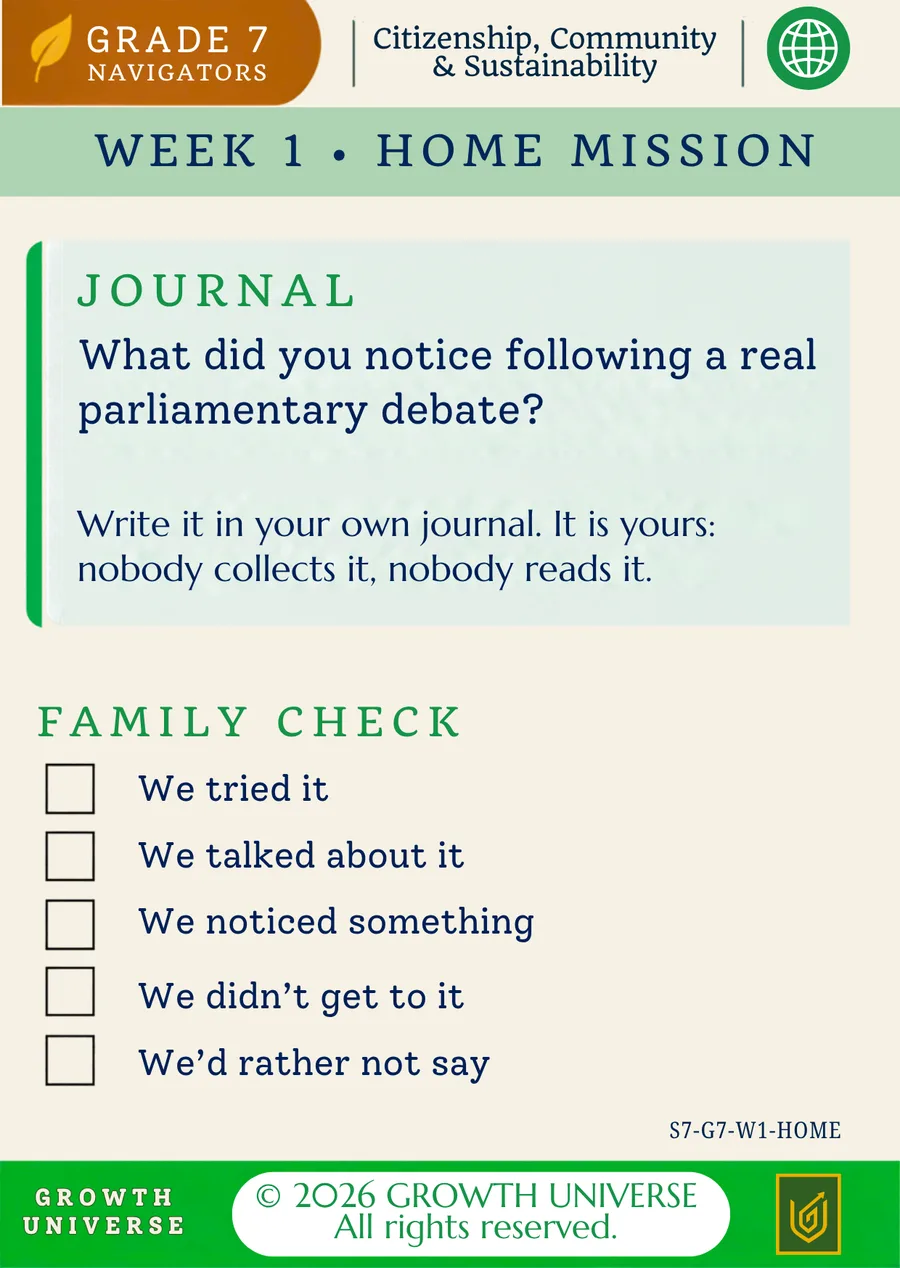 The back of the Home Mission card: a journal prompt and a family check