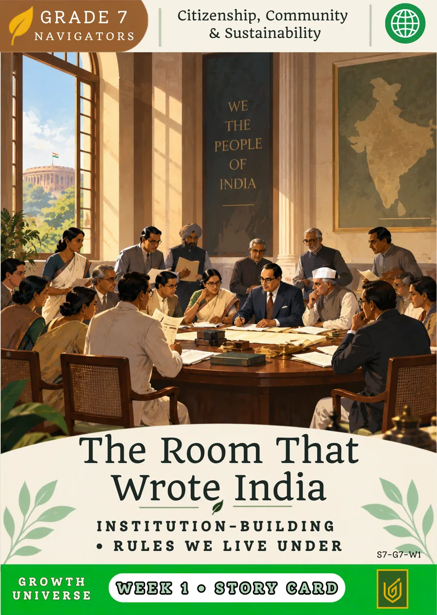 A Grade 7 Story Card, The Room That Wrote India, from the Citizenship, Community and Sustainability month