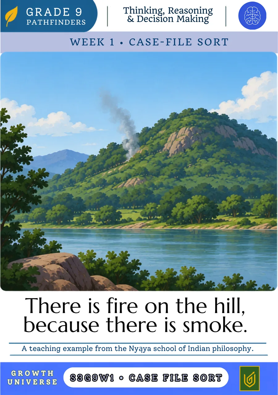 A Grade 9 case-file card: There is fire on the hill, because there is smoke